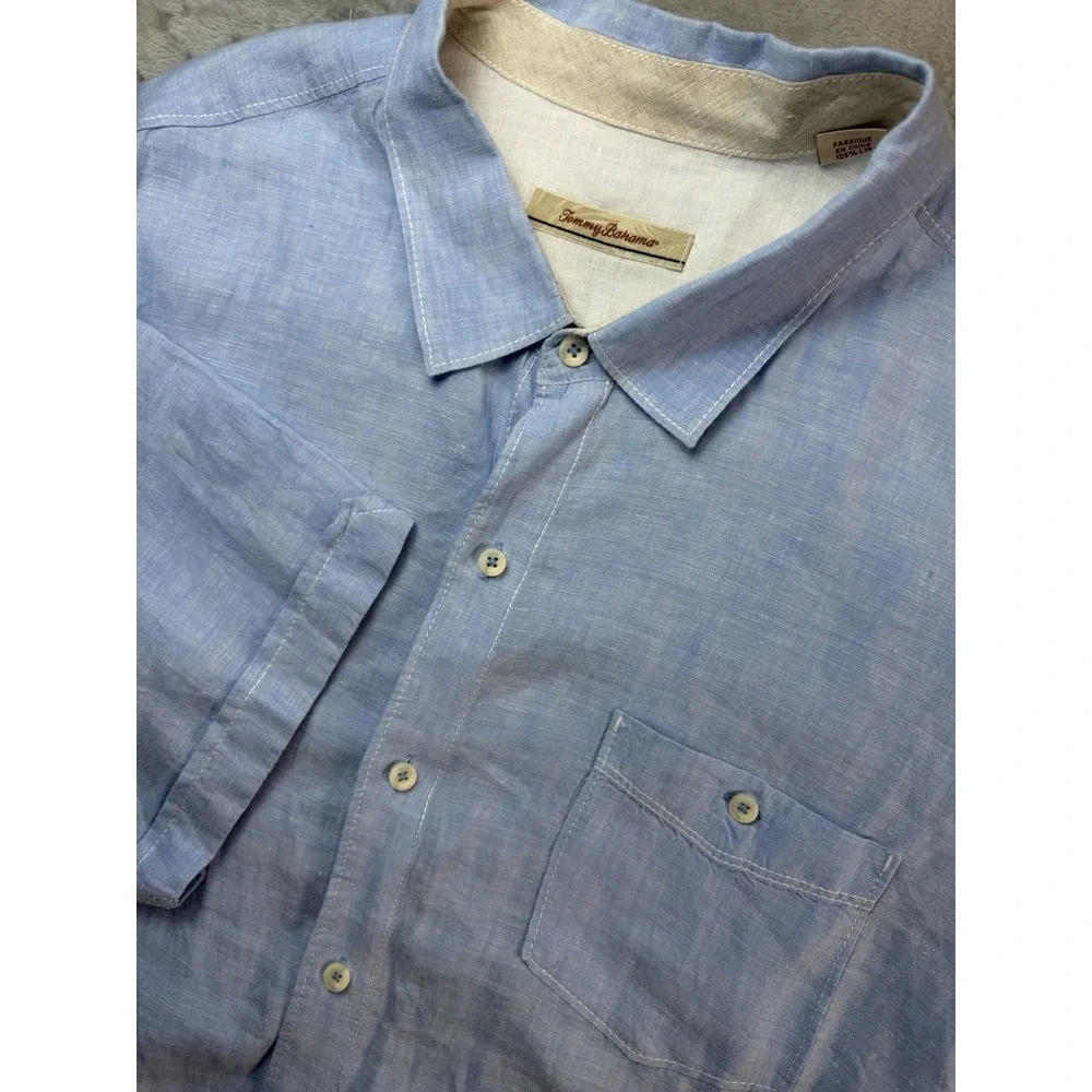 Tommy Bahama Shirt Mens XXL 100%‎ Linen Short Sleeve Button Up Light Blue